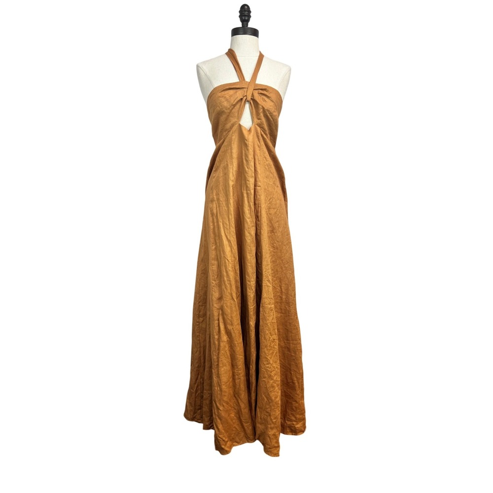 DISSH Linen Maxi Dress Women 12 Ochre Excellent Halter Cutout Smocked Back - Picture 3 of 8